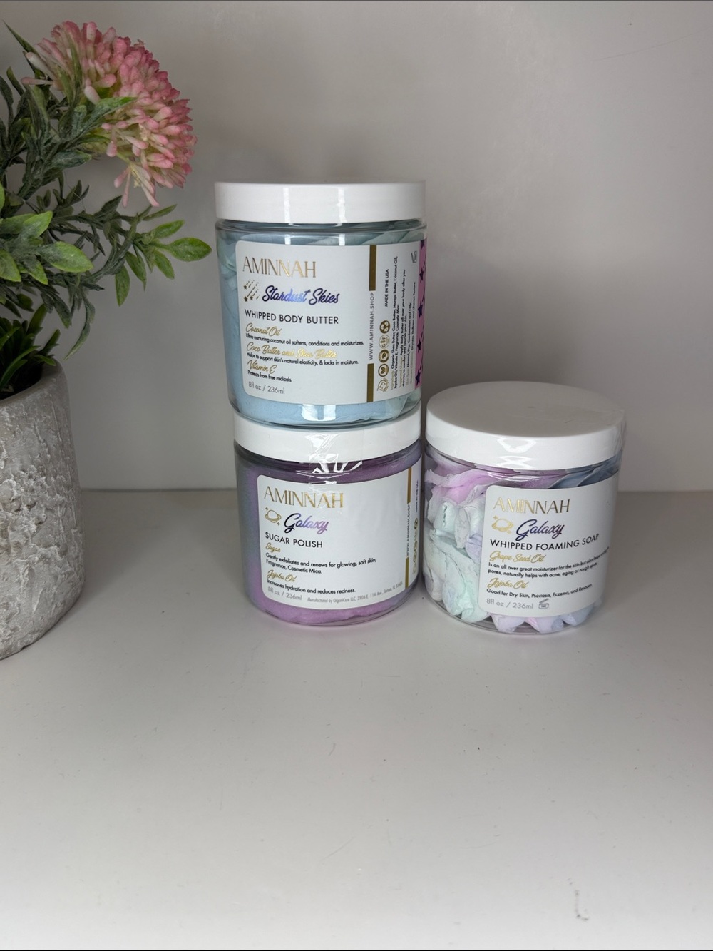 AMINNAH Galaxy Whipped Body Butter, Sugar Polish & Foaming Soap